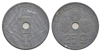 Бельгия 25 сантимов 1943 Belgique - Belgie, Леопольд III (1934-1947), германская оккупация, Вторая мировая война KM 131 цинк 4704-1035