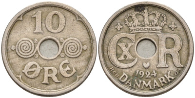 Дания 10 эре 1924 KM 822 медно-никель 4596-461