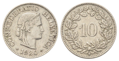 Швейцария 10 раппенов 1920 B KM 27 медно-никель 4708-1054