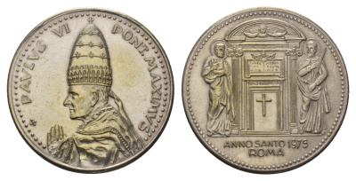 Ватикан медаль в честь объявление Папой Римским Павлом VI Юбилейного года (Anno Santo) 1975 Павел VI, диаметр 35 мм, вес 15,9 гр медно-никель плакированный серебро 1079-9-21