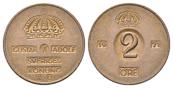 Швеция 2 эре 1971 TS Густав VI Адольф (1950-1973) KM 821 бронза 4705-919