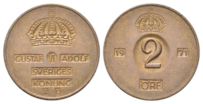 Швеция 2 эре 1971 TS Густав VI Адольф (1950-1973) KM 821 бронза 4705-919