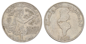 Тунис 1 динар 1988 KM 319 медно-никель 4703-723
