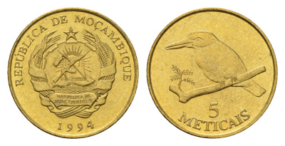 Мозамбик 5 метикалов 1994 год-тип KM 116 сталь плакированная латунью UNC 4585-1028