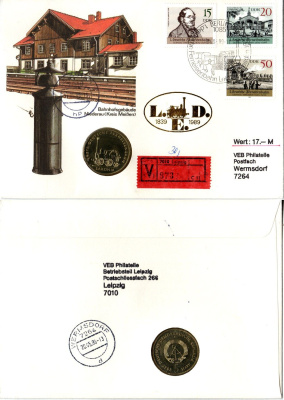 ГДР 5 марок 1988 150 лет первой железной дороге Германии, в конверте с маркой (КПД - Конверт первого дня Гашения) KM 120 медь цинк никель UNC 8-1-01-48