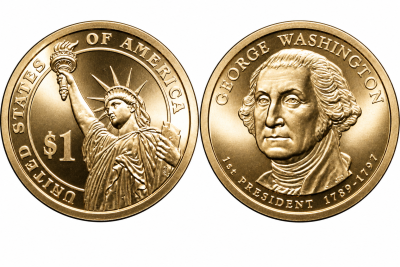 США 1 доллар 2007 P, серия президенты США, Джордж Вашингтон (1789-1797), из ролла KM 401 медь с марганцево-латунным покрытием UNC M1-01