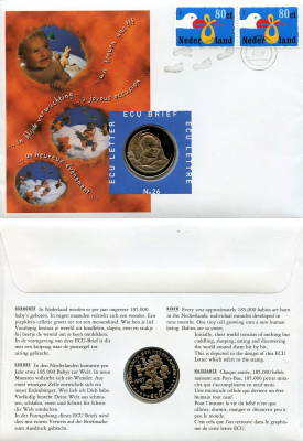 Нидерланды 1 экю 1997 Рождение, в оригинальном конверте, с марками, первый день гашения X 226 медно-никель BU 4-3-8-17