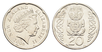 Новая Зеландия 20 центов 2006 Елизавета II (1952-2022), идол Пукаки KM 118a сталь плакированная никелем UNC 4705-623