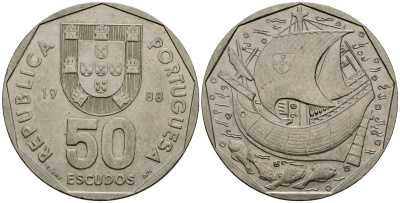 Португалия 50 эскудо 1988 парусник KM 636 медно-никель 4111-1046