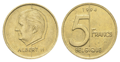 Бельгия 5 франков 1994 Belgique, Альберт II KM 189 алюминиевая бронза 4706-343