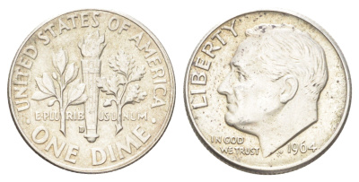 США 1 дайм (10 центов) 1964 D KM 195 серебро 4658-1157
