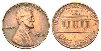 США 1 цент 1964 Линкольн KM 201 медь цинк 214-364