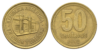 Аргентина 50 сентаво 1992 здание конгресса Тукумана, узкие буквы KM 111.1, CJ 5, Schon 112 алюминиевая бронза 4703-751