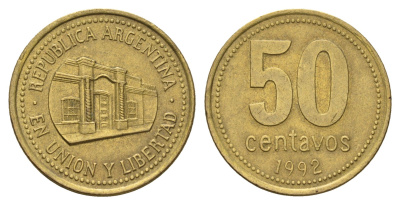 Аргентина 50 сентаво 1992 здание конгресса Тукумана, узкие буквы KM 111.1, CJ 5, Schon 112 алюминиевая бронза 4703-751