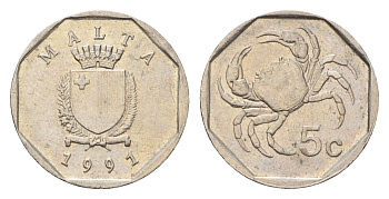 Мальта 5 центов 1991 краб KM 95 медно-никель 4702-469