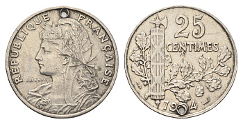 Франция 25 сантимов 1904 с отверстием KM 856 никель 4704-424