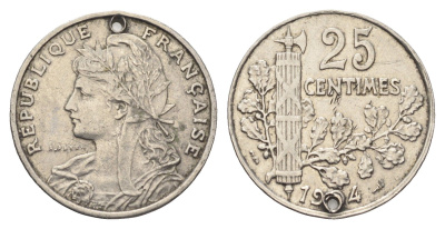 Франция 25 сантимов 1904 с отверстием KM 856 никель 4704-424