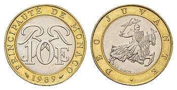 Монако 10 франков 1989 редкий год, Ренье III (1949-2005) KM 163 биметалл 27-1243