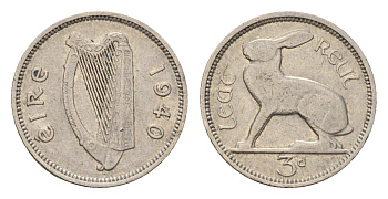 Ирландия 3 пенса 1940 заяц KM 12 никель 4655-448