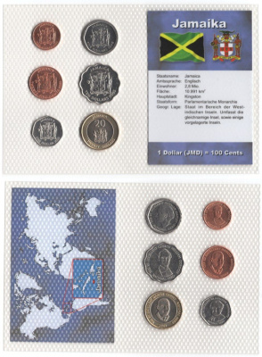 Ямайка набор из 6 монет (10 и 25 центов; 1, 5, 10 и 20 долларов) 1996, 2001, 2003, 2005 и 2006 в красочной упаковке с информацией о стране KM 146.2, 163, 164, 167, 181 и 182 UNC 4-5-1-54