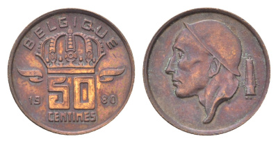 Бельгия 50 сантимов 1980 Belgique, Бодуэн I (1951-1993) KM 148 бронза 4705-231