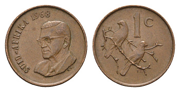 ЮАР 1 цент 1968 Окончание президентства Чарльза Сварта, Suid Africa, легенда на английском KM 74.2 бронза 4690-1051