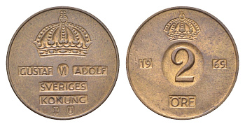 Швеция 2 эре 1969 TS Густав VI Адольф (1950-1973) KM 821 бронза 4705-918