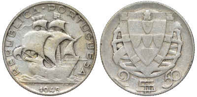 ПОРТУГАЛИЯ 2,50 ЭСКУДО 1943 KM 590 серебро 4178-331