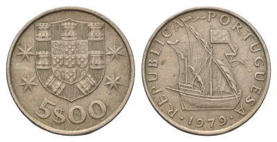 Португалия 5 эскудо 1979 парусник KM 591 медно-никель 4707-234