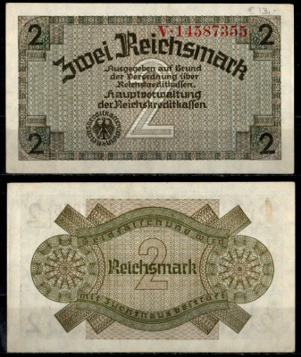 Германия 2 рейхсмарки ND (1940-1945) Pick R137 b бумага aUNC 8621-40-1-2