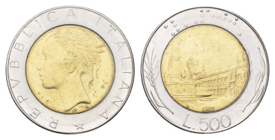 Италия 500 лир 1987 R, Квиринальский дворец в Риме KM 111 биметалл 4704-955