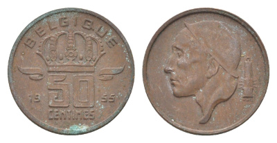 Бельгия 50 сантимов 1955 Belgique, Бодуэн I (1951-1993) KM 148 бронза 4705-221