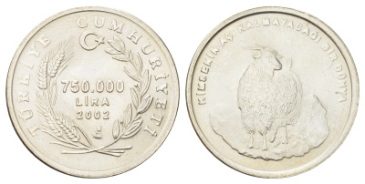 Турция 750000 лир 2002 Коза KM 1162 медно-никель UNC 4126-423