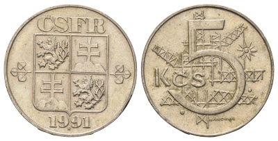 Чехословакия 5 крон 1991 KM 152 медно-никель aUNC 4670-341