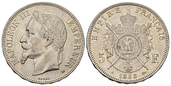 Франция 5 франков 1868 BB, Наполеон III (1852-1870) KM 799 серебро 1531-1543
