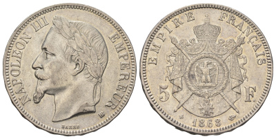 Франция 5 франков 1868 BB, Наполеон III (1852-1870) KM 799 серебро 1531-1543
