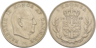 ДАНИЯ 5 КРОН 1967 C; S, ФРЕДЕРИК IX (1947-1972) KM 853.1 медно-никель 38-446