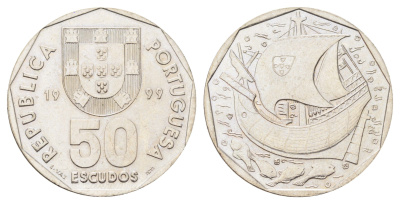 Португалия 50 эскудо 1999 парусник KM 636 медно-никель 4185-1043