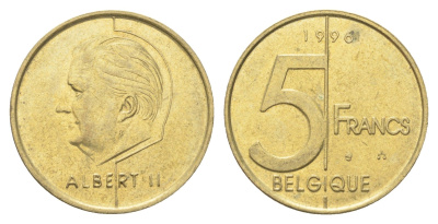 Бельгия 5 франков 1996 Belgique, Альберт II KM 189 алюминиевая бронза 4706-353
