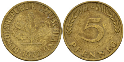 ФРГ 5 пфеннигов 1970 G J.382, KM 107 сталь плакированная латунью    4598-946