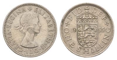 Великобритания 1 шиллинг 1955 Елизавета II (1952-2022), Английский герб KM 904, Spink 4147 медно-никель 4707-225