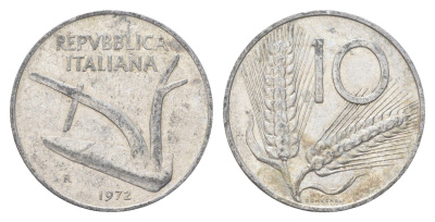 Италия 10 лир 1972 R, плуг, колосья KM 93 алюминий 4704-542