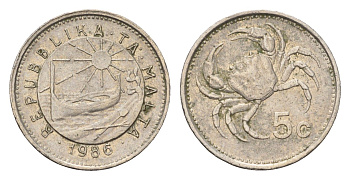 Мальта 5 центов 1986 краб, год-тип KM 77 медно-никель 4702-467