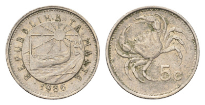 Мальта 5 центов 1986 краб, год-тип KM 77 медно-никель 4702-467
