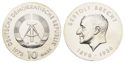ГДР 10 марок 1973 A, 75 лет со дня рождения Бертольта Брехта KM 45 серебро UNC 1099-2-32