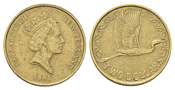 Новая Зеландия 2 доллара 1991 Елизавета II (1952-2022), большая белая цапля KM 79 алюминиевая бронза 4706-626