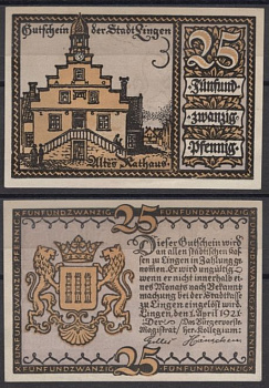 Линген 25 пфеннигов 1921 без типографии на аверсе DeNG 2 803.2b бумага UNC (пресс) 8608-18-2-2