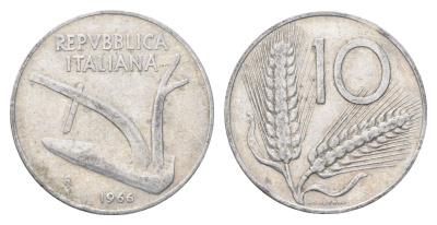 Италия 10 лир 1966 R, плуг, колосья KM 93 алюминий 4704-535