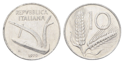 Италия 10 лир 1979 R, плуг, колосья KM 93 алюминий 4704-552