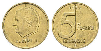 Бельгия 5 франков 1994 Belgique, Альберт II KM 189 алюминиевая бронза 4706-351